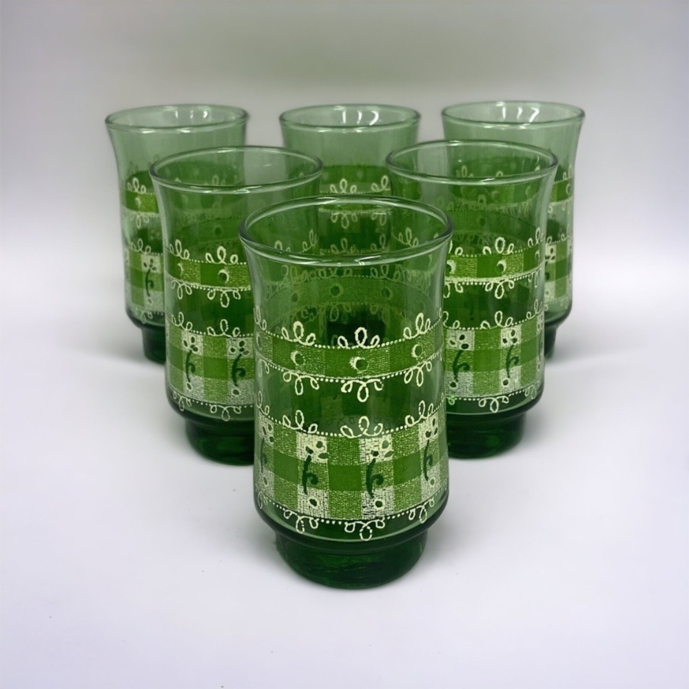 Vintage Green Checkered Drinking Juice Glasses Set of 6 Glassware Cups